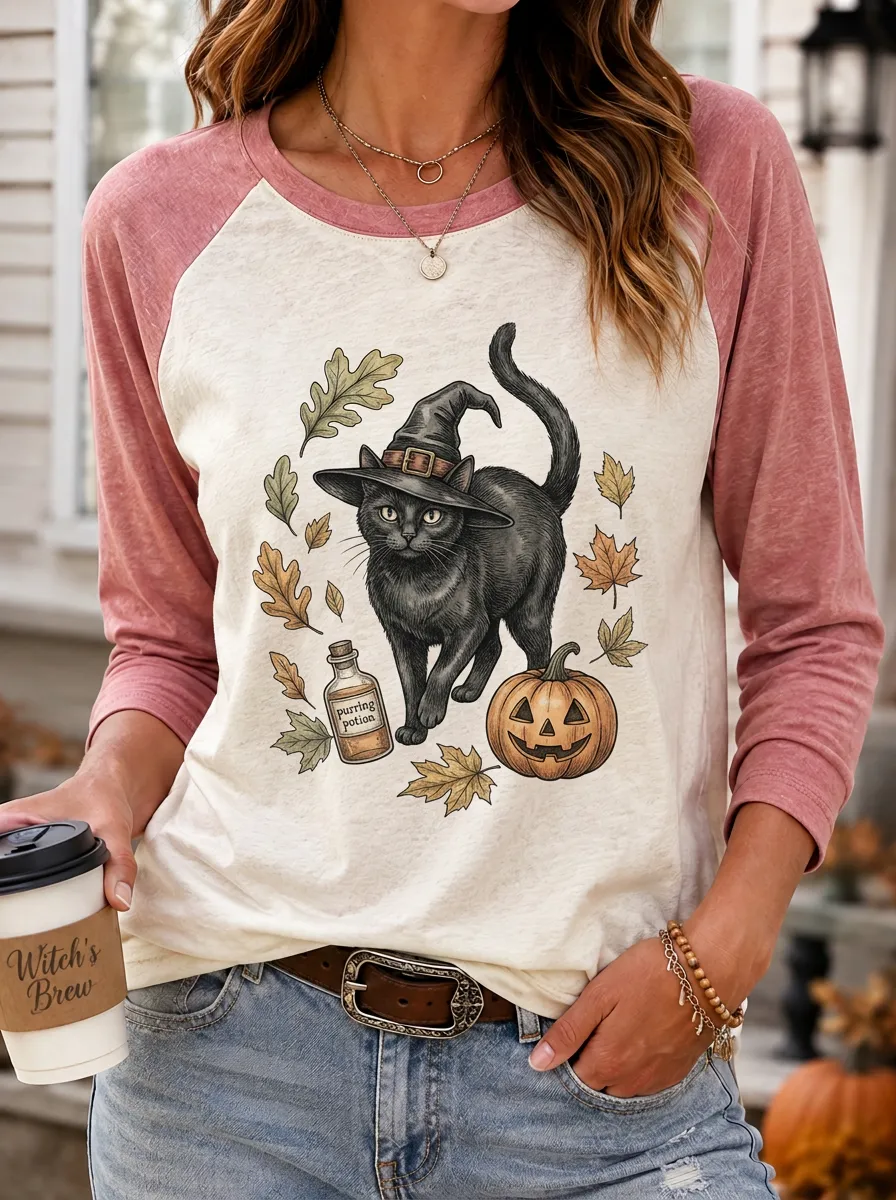 Women's Halloween Cat Witch Pumpkin Potion Printed T-shirt