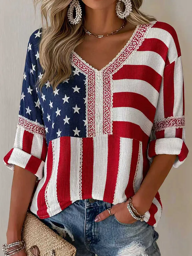 Women's American Flag Printed Casual Waffle Long Sleeve T-shirt