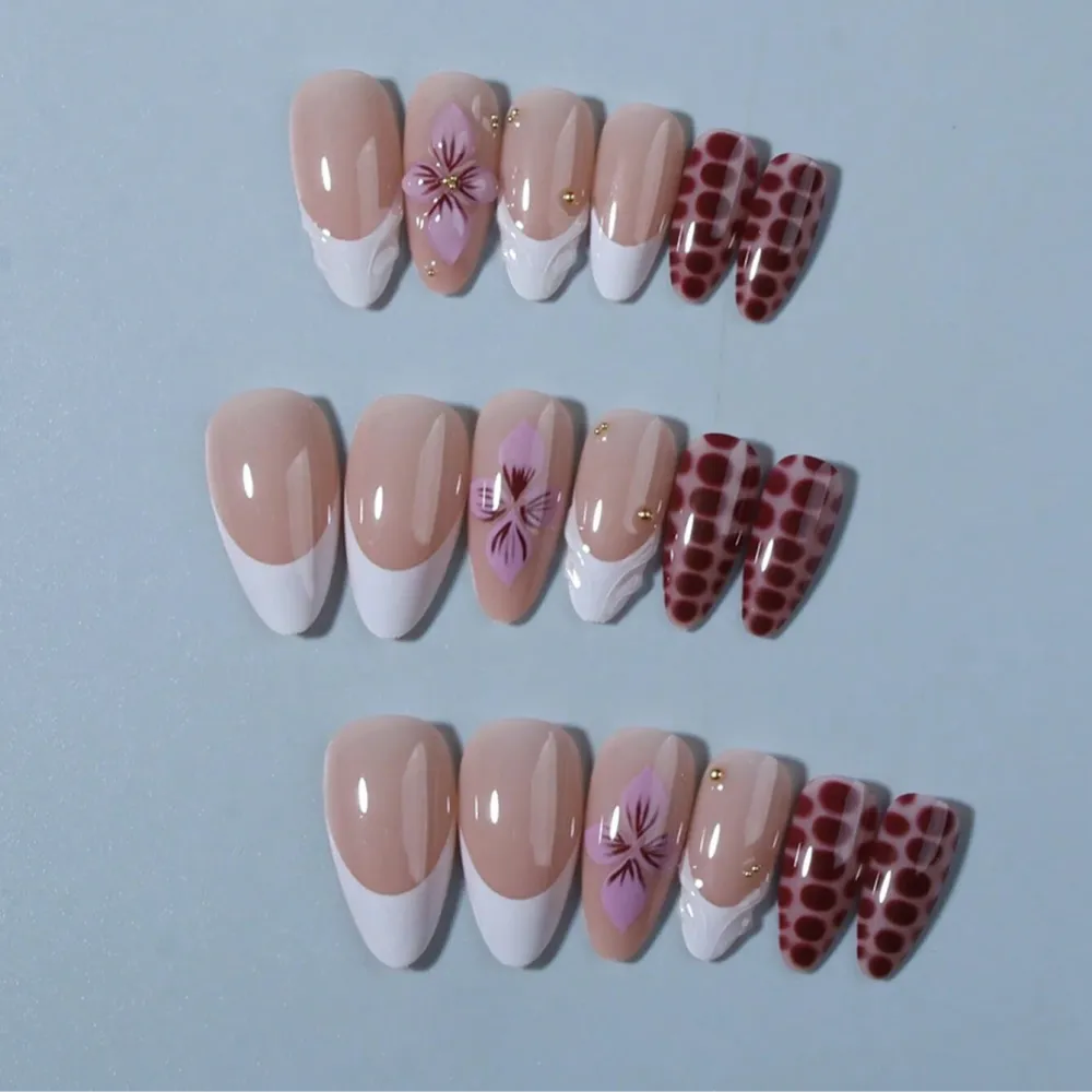 Nailhour 30Pcs French Medium Almond 3D Floral Rhinestone Press On Nails
