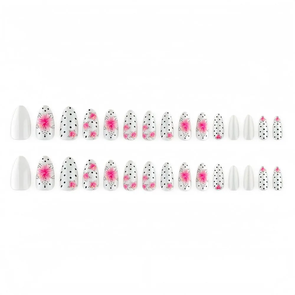 Nailhour 30Pcs Floral Polka Dot Medium Almond French Press On Nails