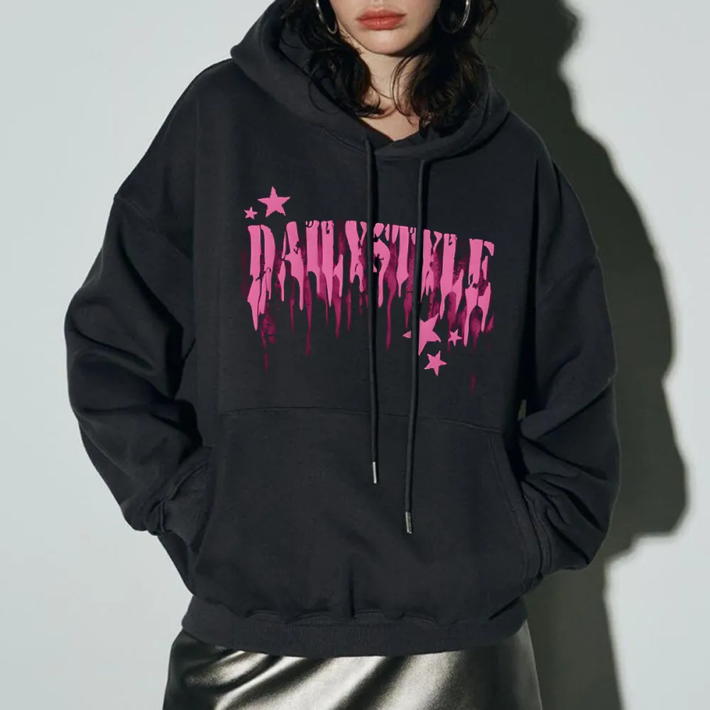 Pink Slogan And Pink Star Crew Neck Hoodies