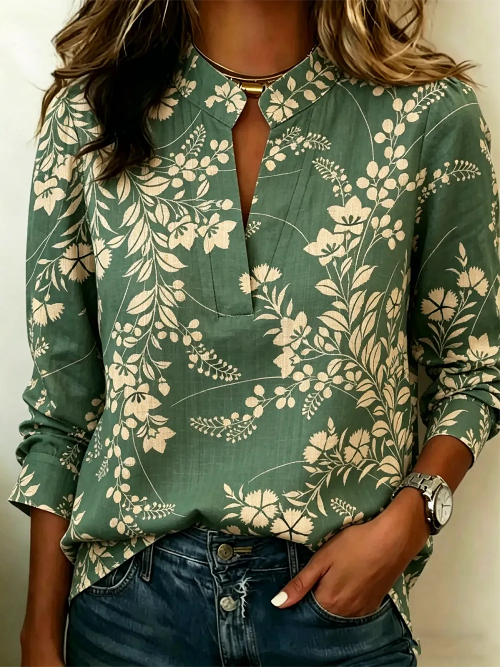 Women'S V-Neck Long Sleeved Floral Regular Loose Shirt