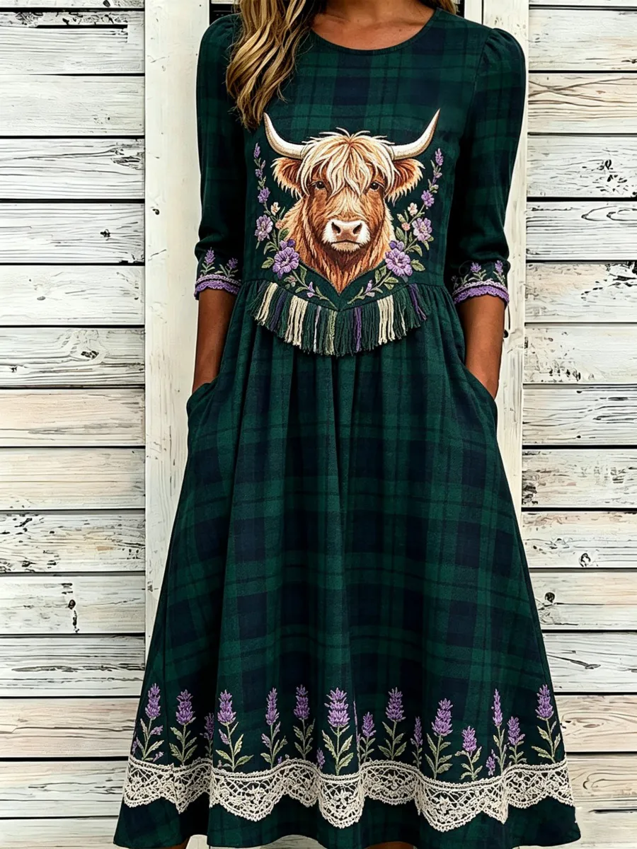 Scottish Highland Cow Print Women's Cotton-Linen Maxi Dress