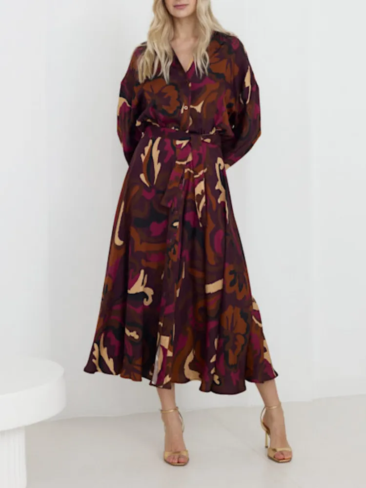 Casual Printed Half Button Midi Dress