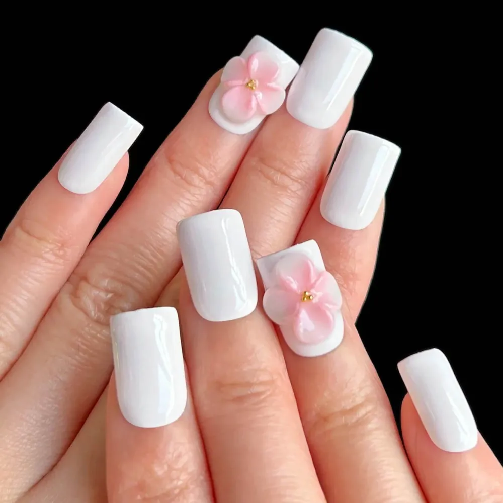 Nailhour 10Pcs Handmade Short Square Y2K Style Pink Flower Press On Nails