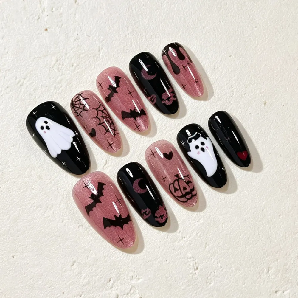 Nailhour 30Pcs Halloween Medium Almond Cat Eye Press On Nails