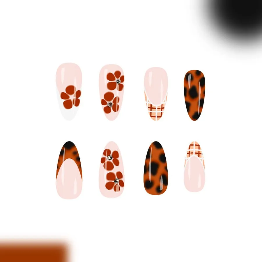 Nailhour 24Pcs Leopard Print Medium Almond French Press On Nails