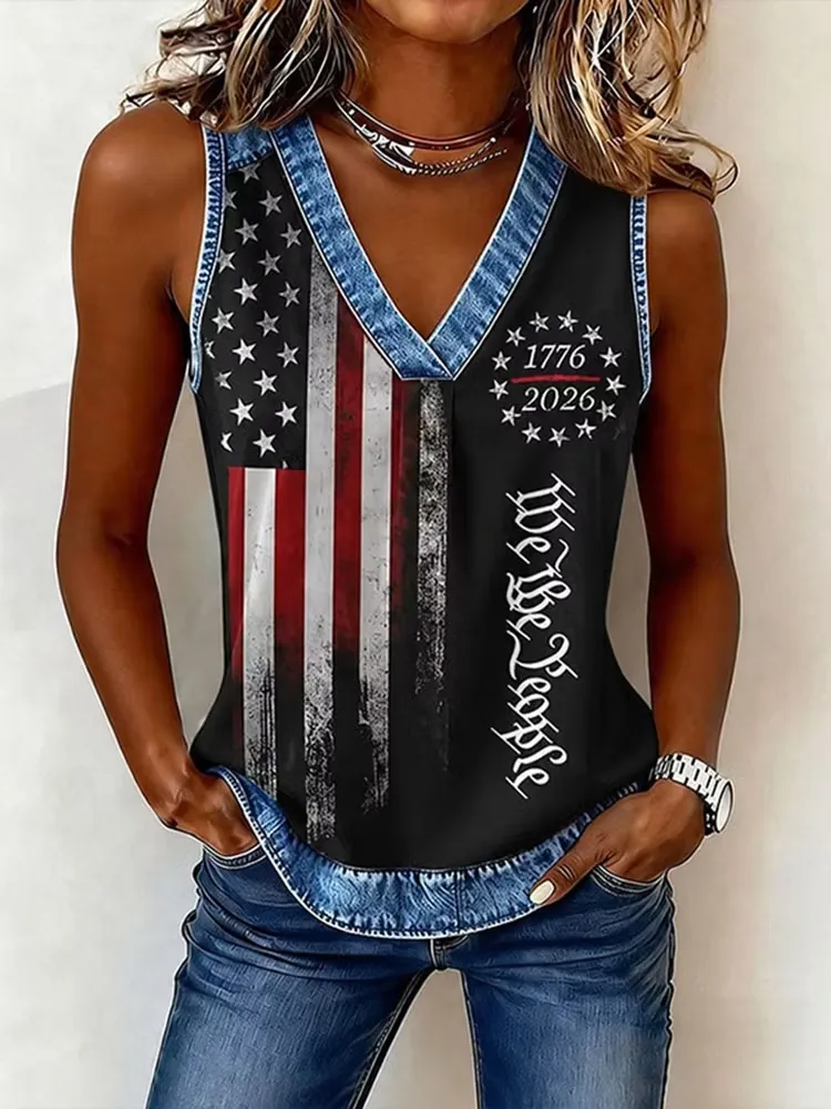 Ladies' Casual American Flag Personalized Printed Patchwork V-Neck Vest