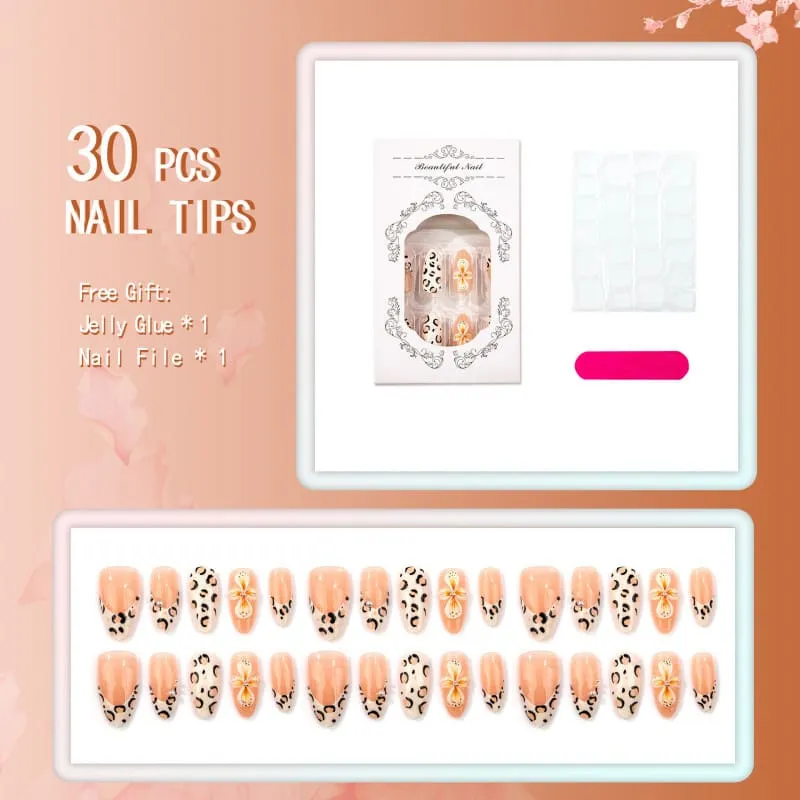 Nailhour 30Pcs 3D Floral French Leopard Print Medium Almond Press On Nails