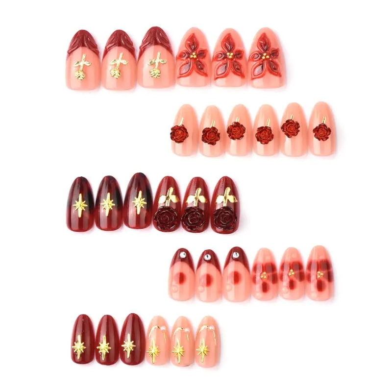 Nailhour 30Pcs Red Rose Floral 3D Medium Almond French Press On Nails