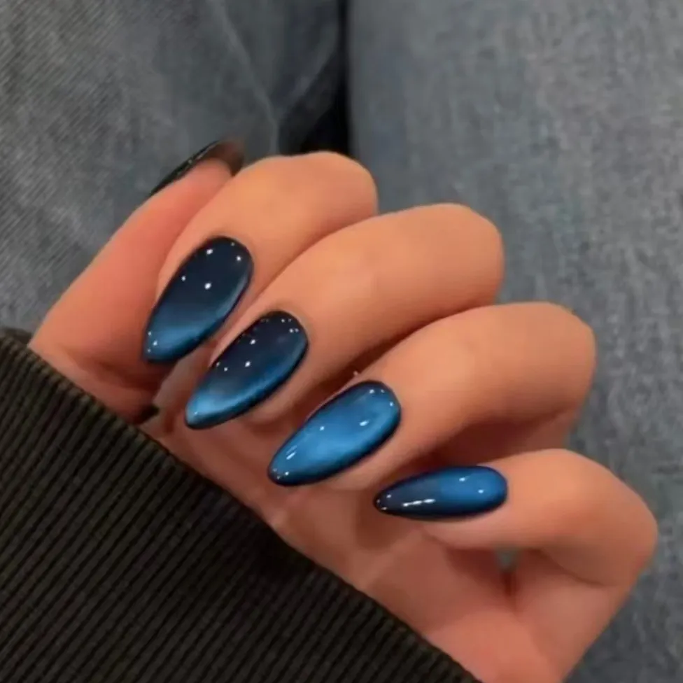 Nailhour 24Pcs Royal Blue Cat Eye Nail Art for Autumn and Winter Press On Nails