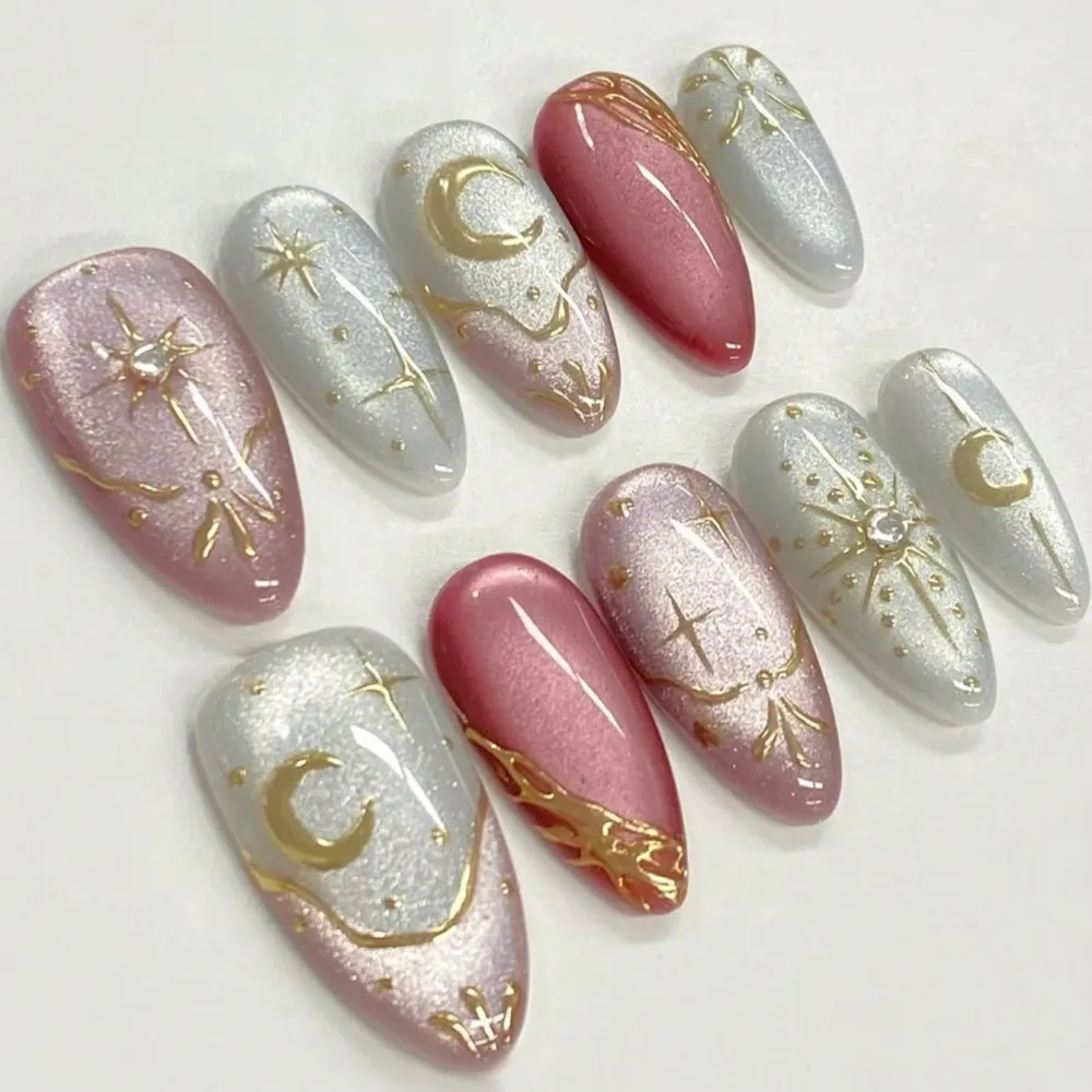 Nailhour 30pcs Nude Almond Cat Eye Star & Moon False Nails