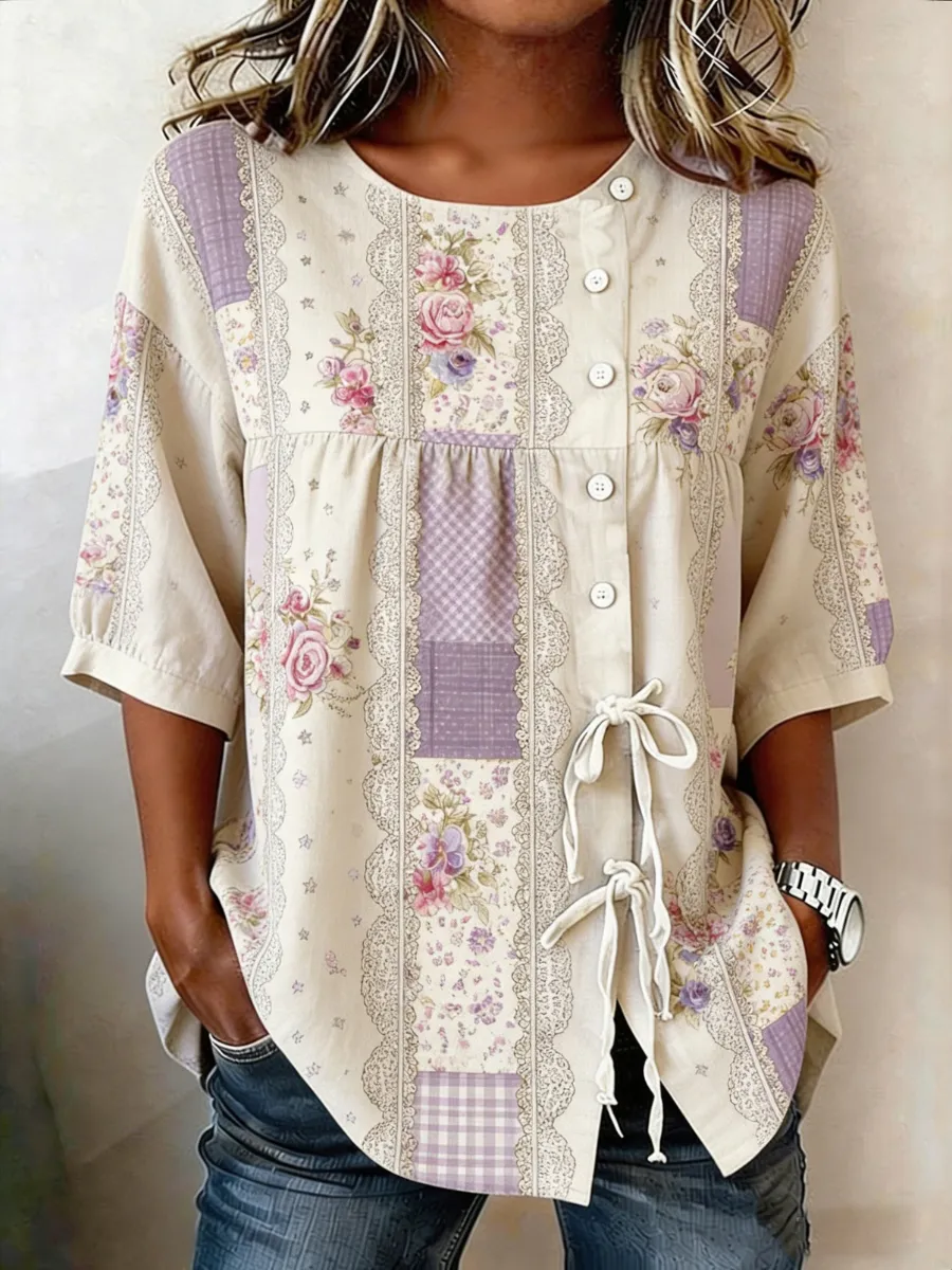 Women's Casual Purple Art Faith Cotton and Linen Shirt