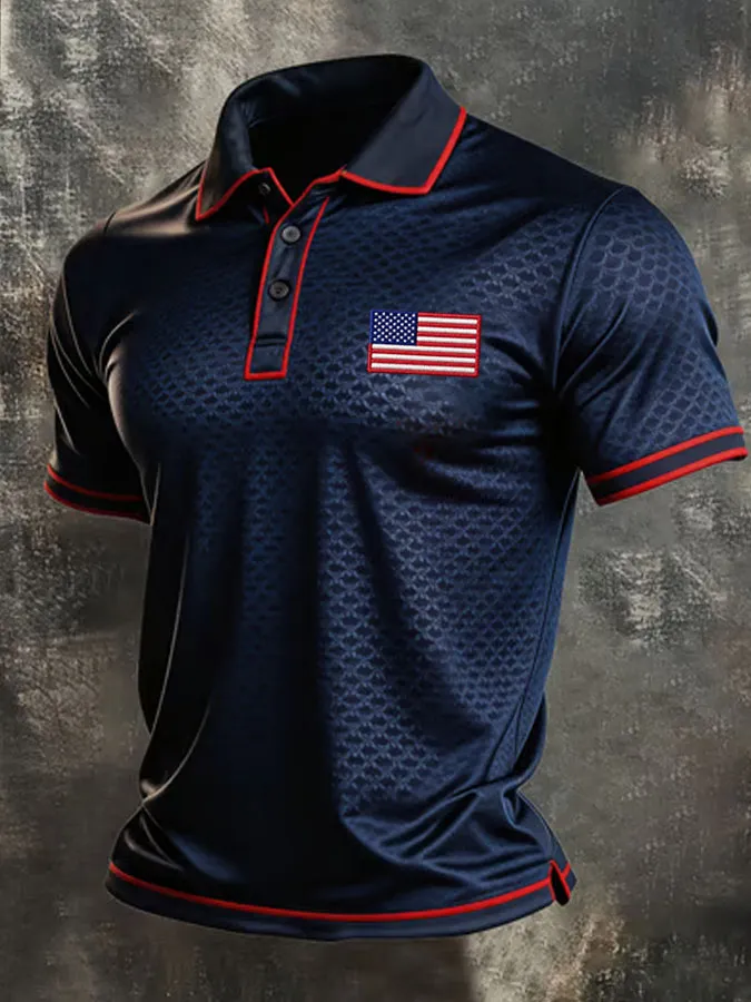 Men'S American Flag Print Casual Polo Shirt