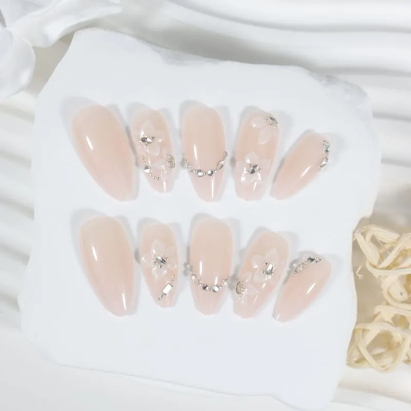 Nailhour 24Pcs Emboss Floral 3D Medium Almond French Press On Nails