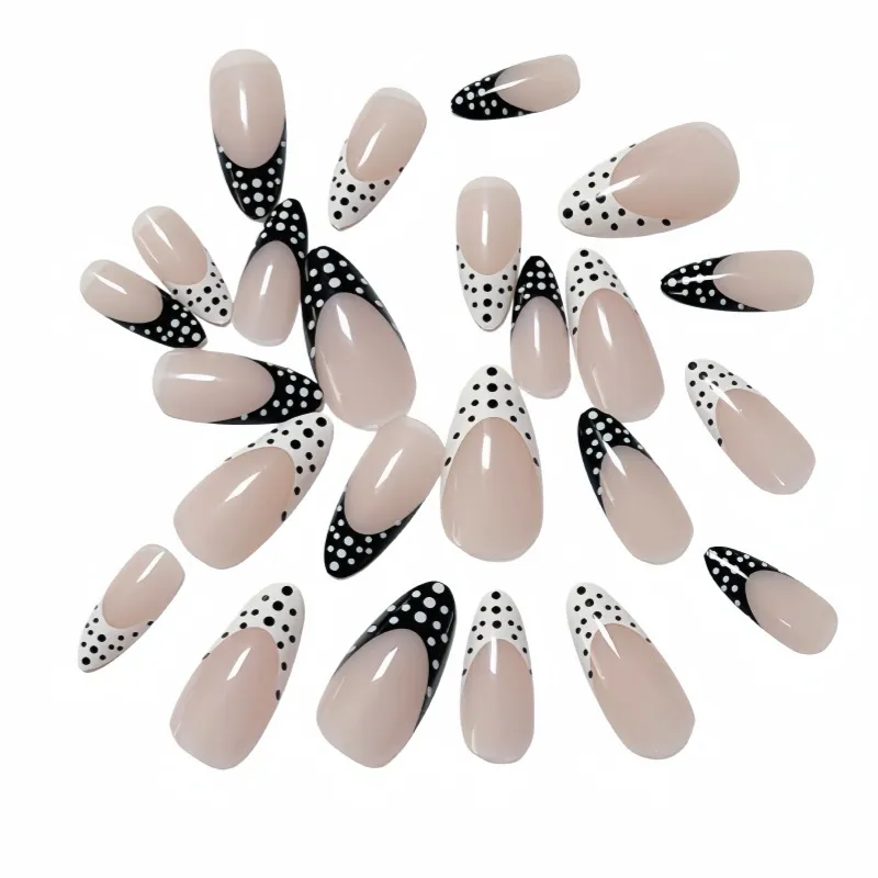 Nailhour 24pcs Polka Dots Almond French Black-white Press On Nails