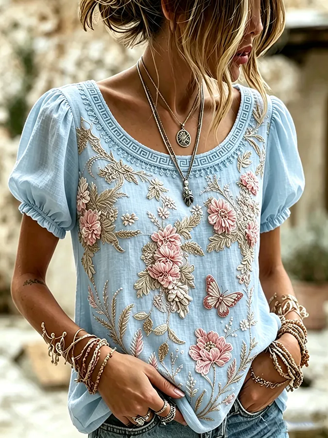 Women's Boho Floral Patchwork Embroidered Puff Sleeve Top