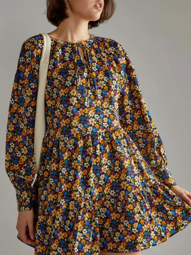 Mulit Floral Print Long Sleeve Dress