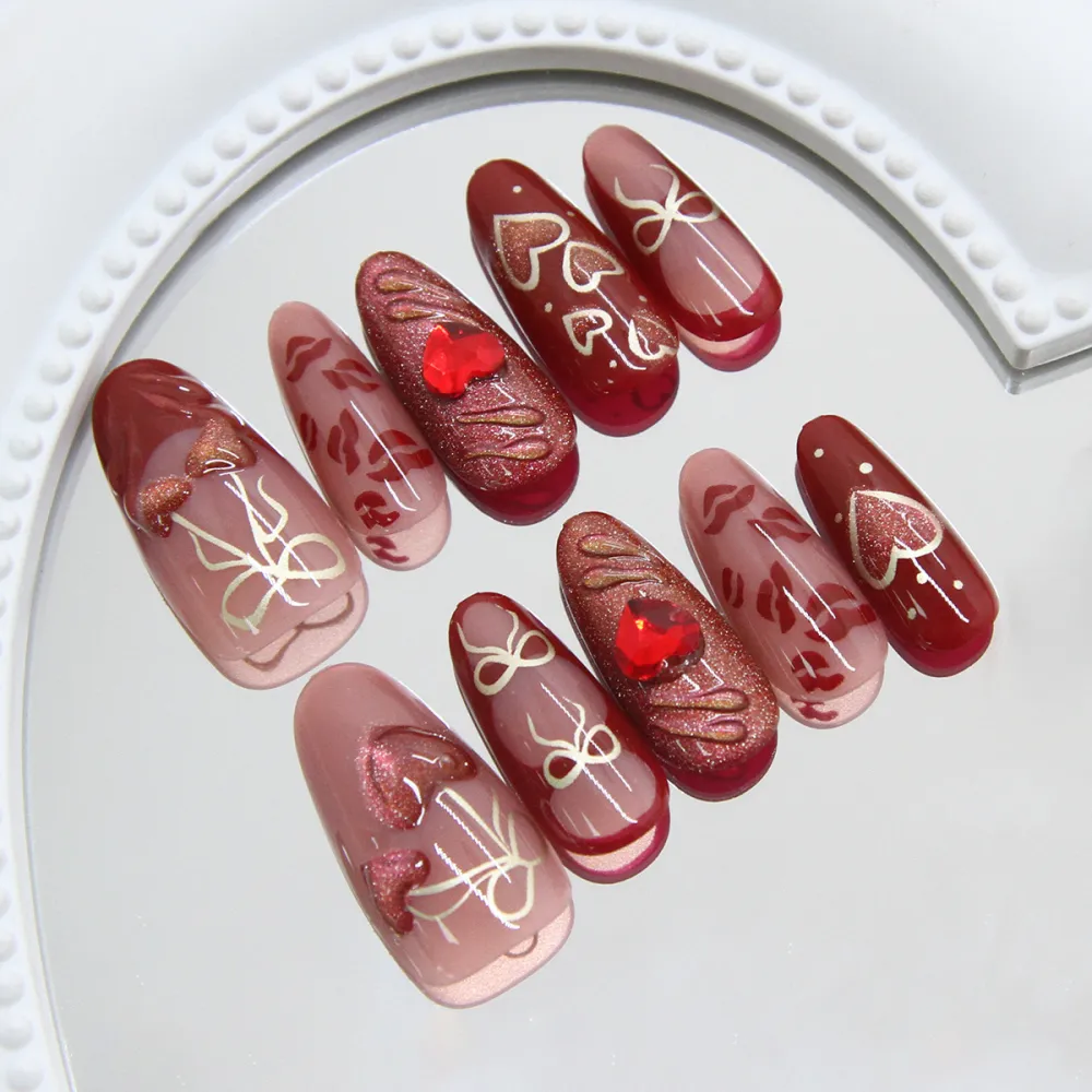 Nailhour Cat Eye Heart Cherry Bow 3D 30Pcs Handmade Red Press On Nails