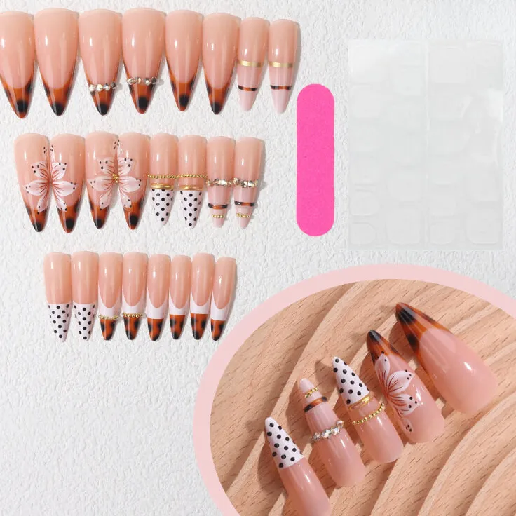Nailhour 24Pcs French Long Almond Modern Amber Press On Nails