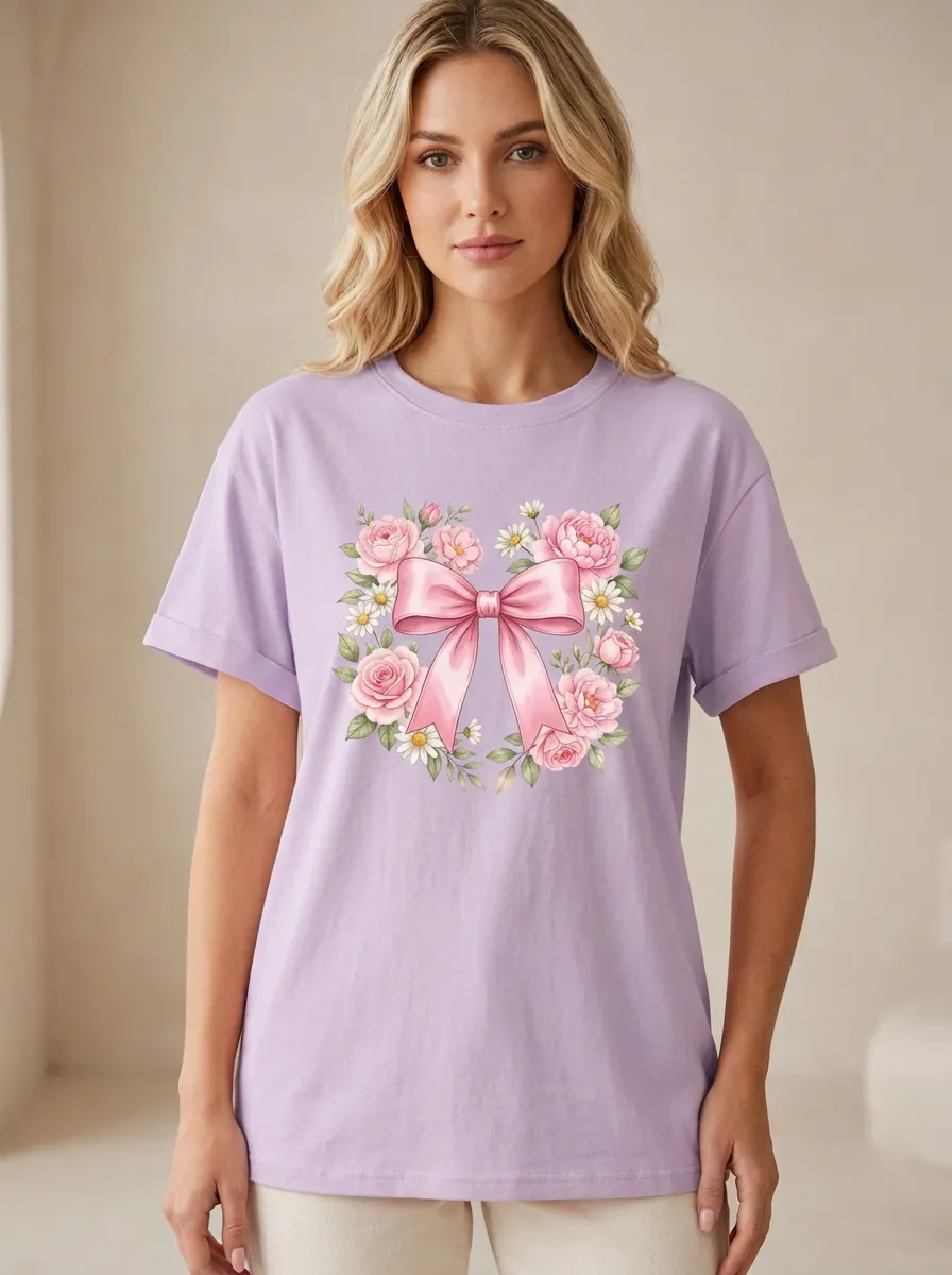 Women's Breast Cancer Awareness Pink Bow Floral Printed T-shirt