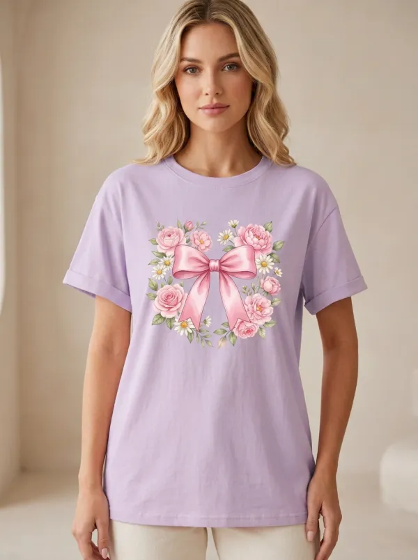 Women's Breast Cancer Awareness Pink Bow Floral Printed T-shirt