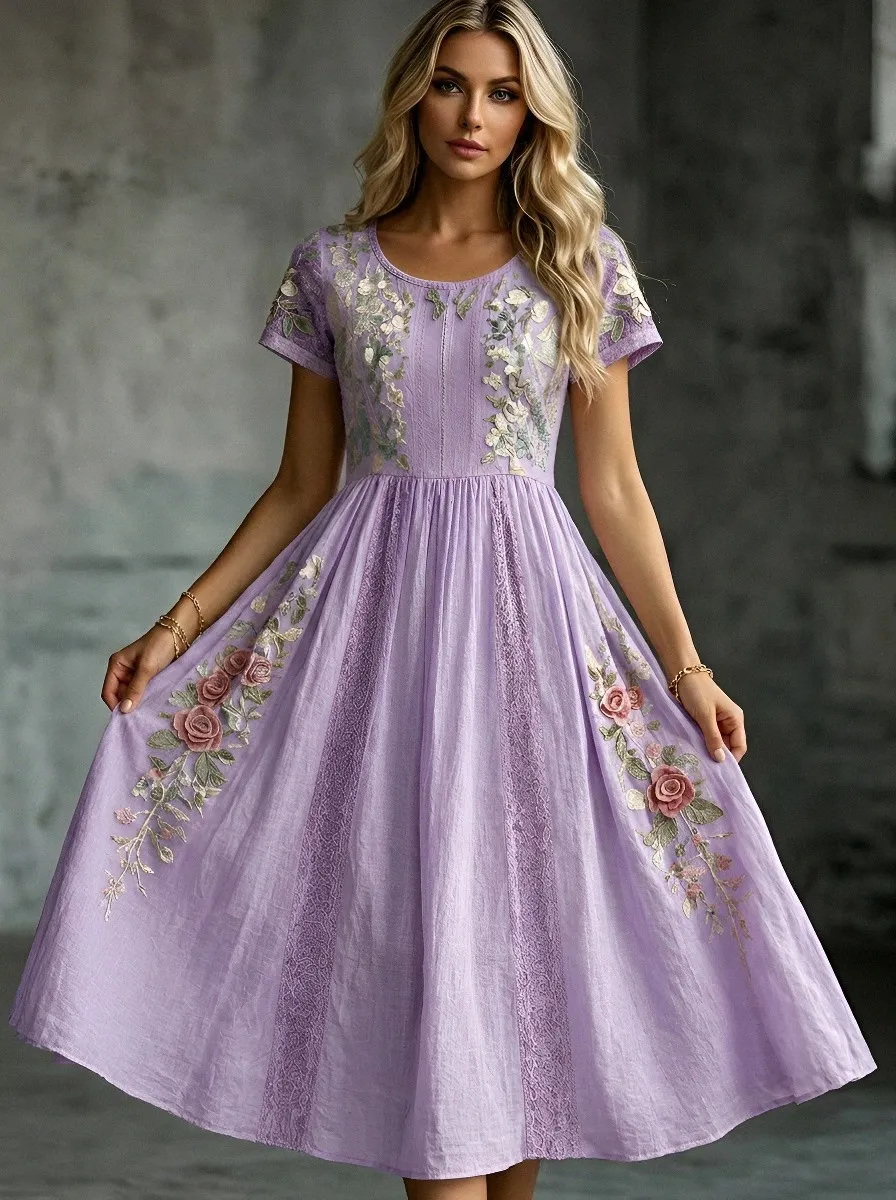 Women's Breast Cancer Awareness Pink Rose Floral Embroidered Printed Dress