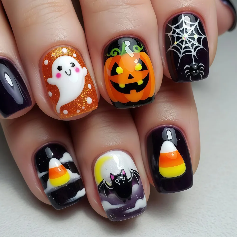 Nailhour 24Pcs Halloween Multicolor Glitter Cute Ghost Short Square Press On Nails