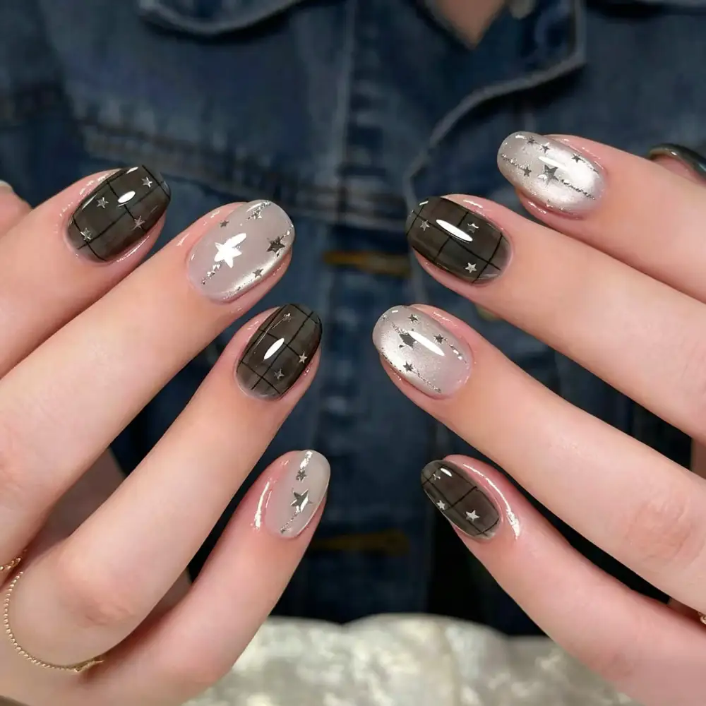 Nailhour 30Pcs Autumn Multicolor Glitter Short Oval Press On Nails