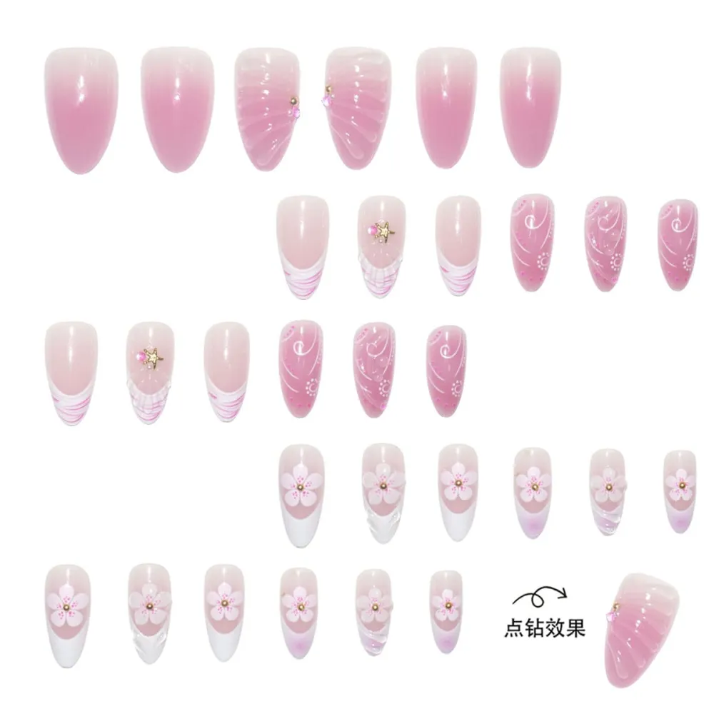 Nailhour 30Pcs Gradient Wave Pattern Medium Almond French Press On Nails