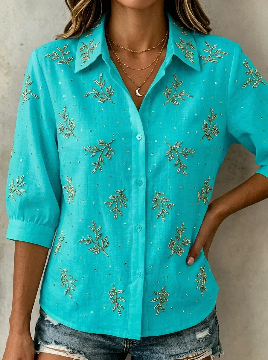 Women's Breast Cancer Awareness Gold Leaf Sequin Embroidered Button-Down Shirt