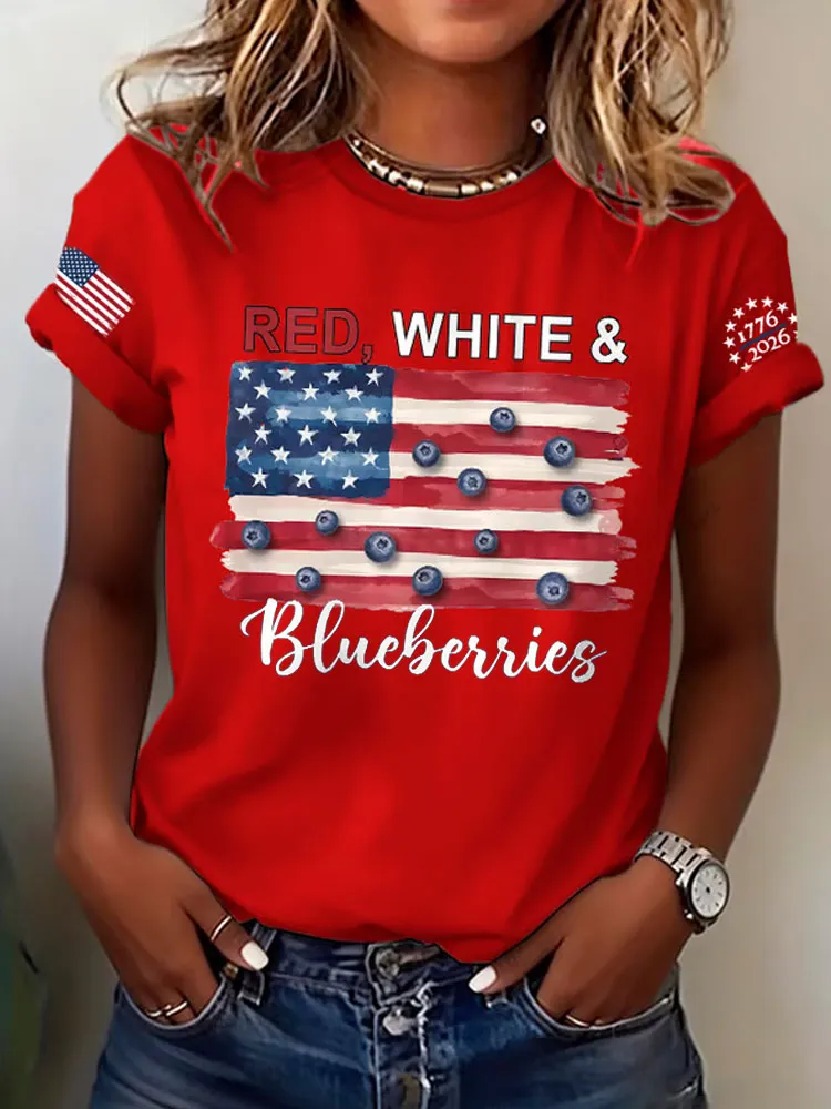 Retro Red White And Blueberries United States Of America • 1776–2026 Print T-Shirt