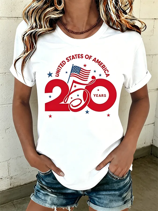 250 Years USA Independence Flag Graphic Casual Crew Neck T-Shirt
