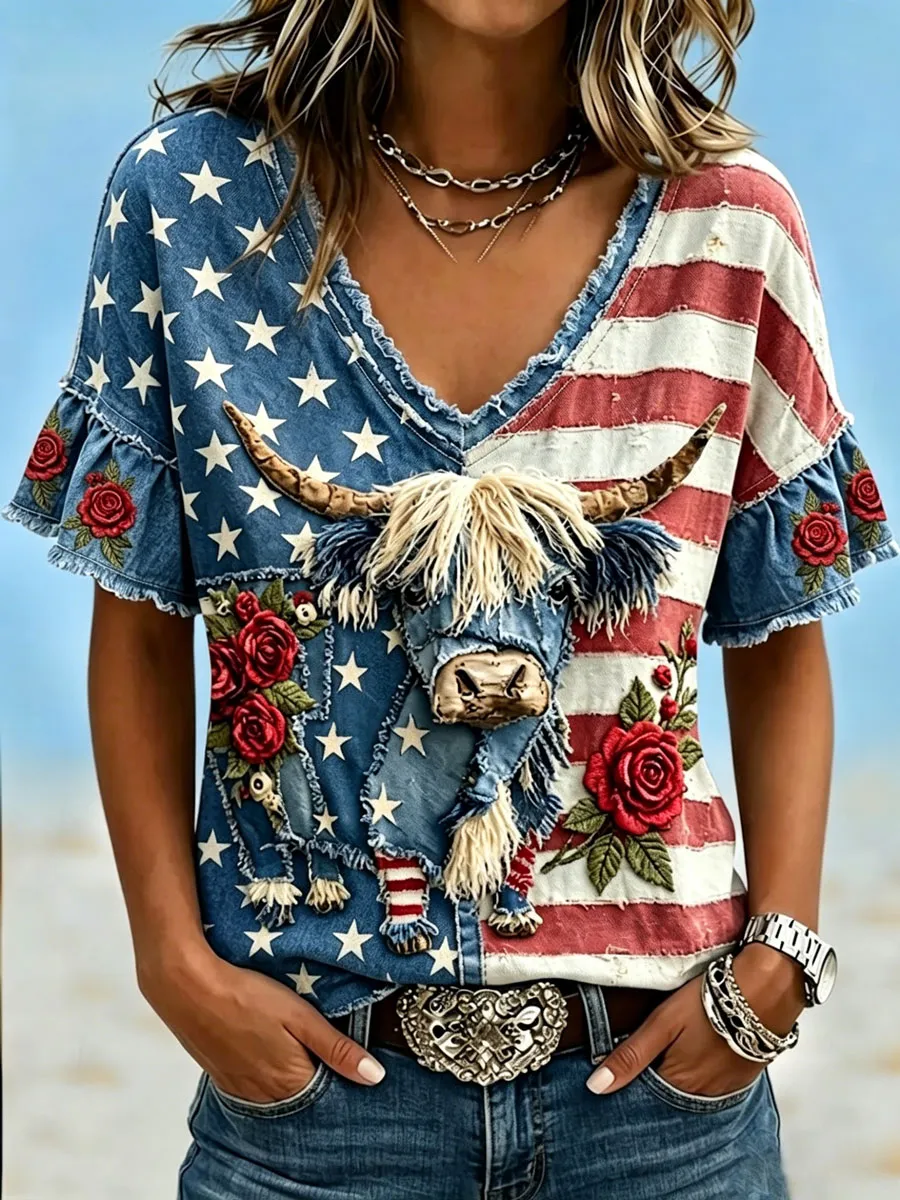 Women'S Independence Day Animal Embroidery Print T-Shirt
