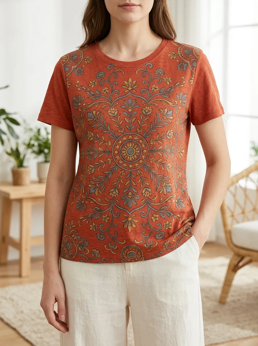 Women's Garden Bohemian Mandala Floral Crew Neck T-Shirt