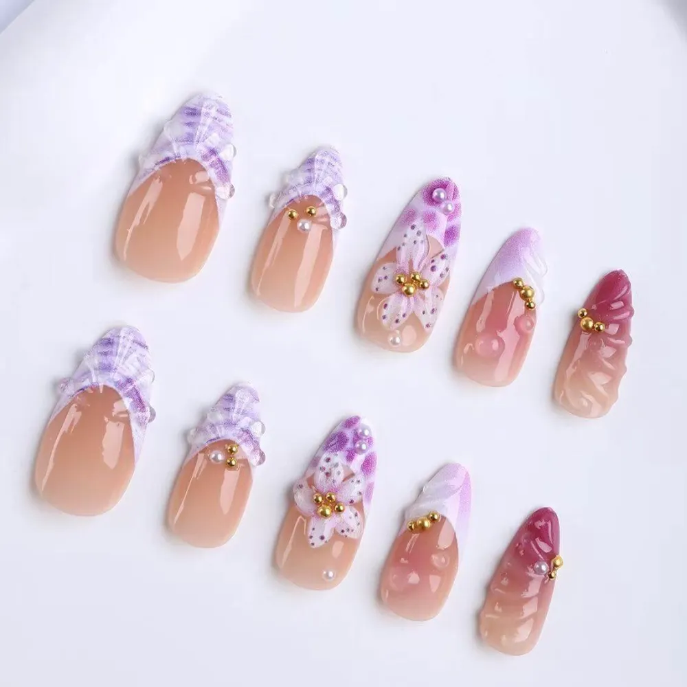 Nailhour 24Pcs French Medium Almond Purple Siren Press On Nails