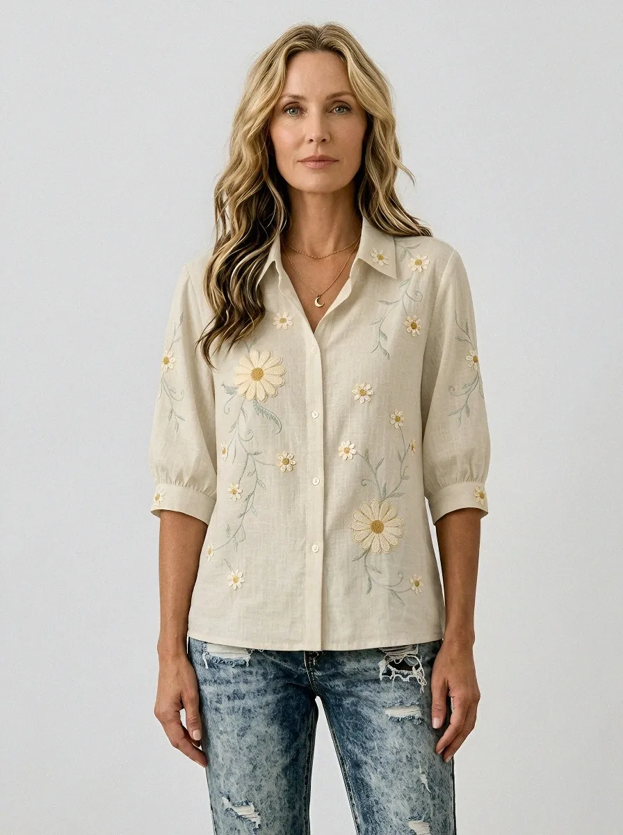 Women's Breast Cancer Awareness Daisy Floral Embroidered Printed Shirt