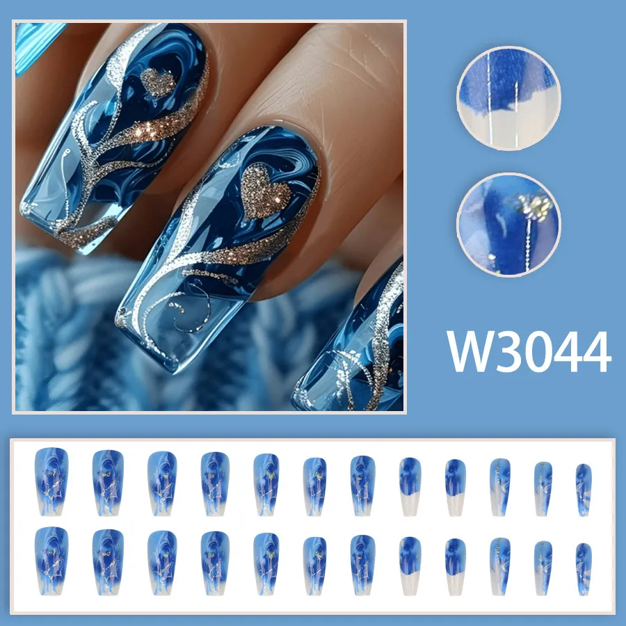 Nailhour Hot Girl Glitter Heart Nail Art 24Pcs Blue Press On Nails