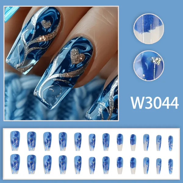 Nailhour Hot Girl Glitter Heart Nail Art 24Pcs Blue Press On Nails