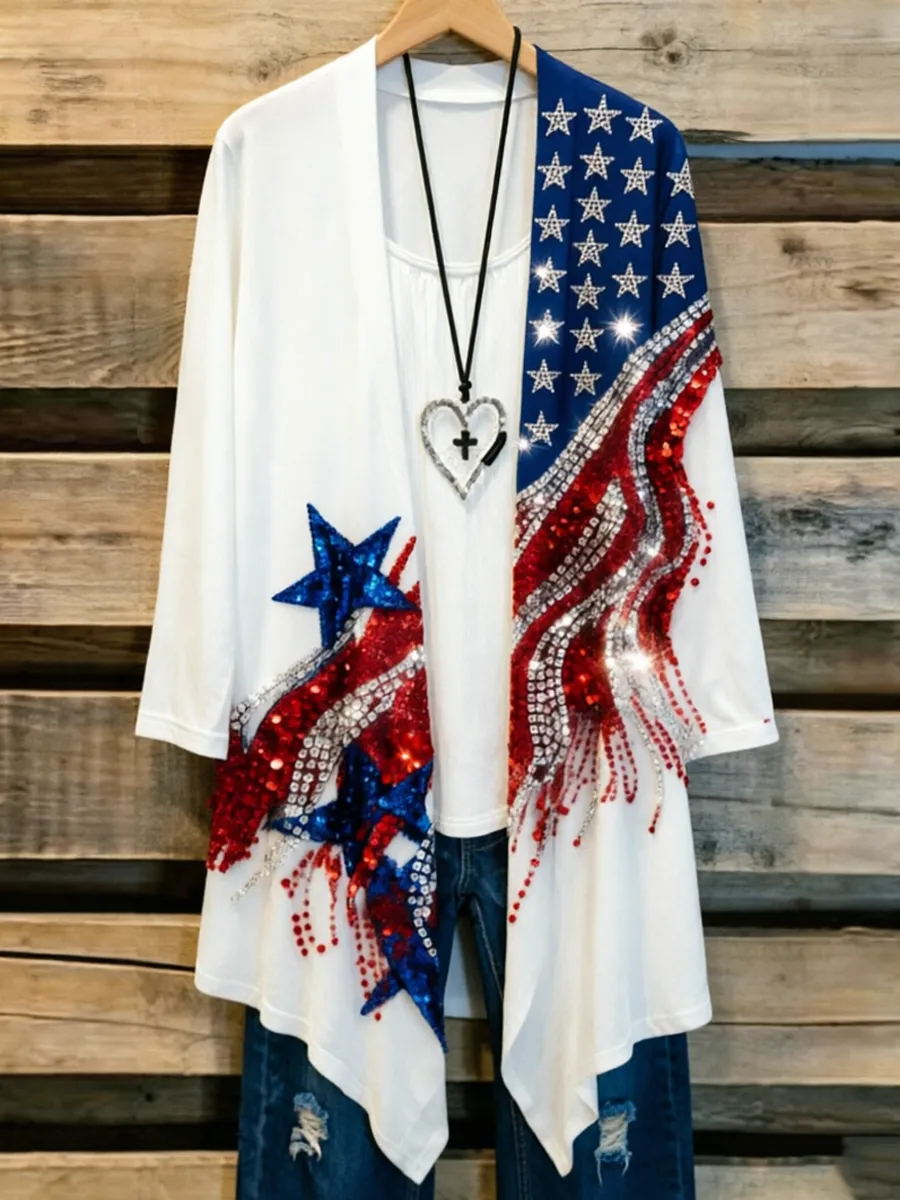 Women's Retro Independence Day Flag Art Cardigan