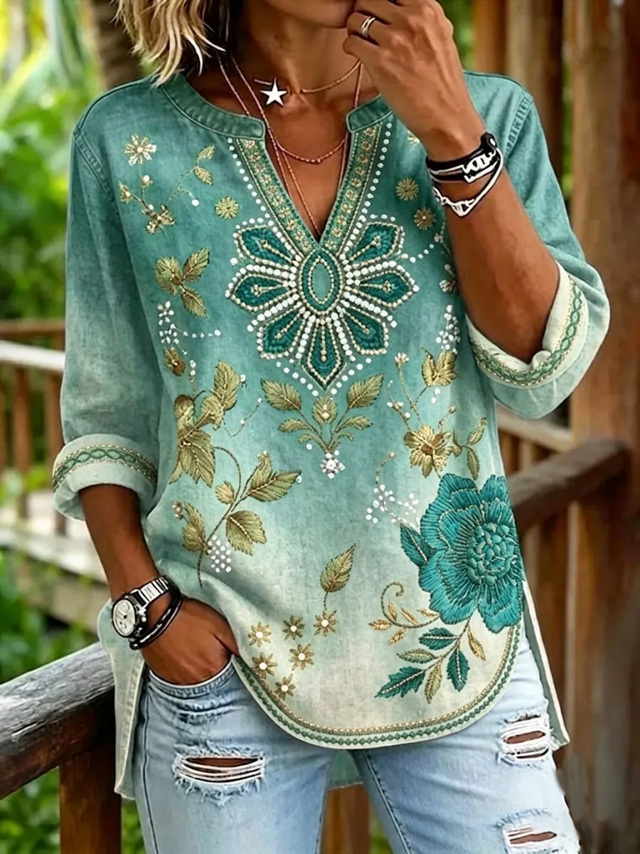 Women'S Vintage Floral Print Casual V-Neck Shirt