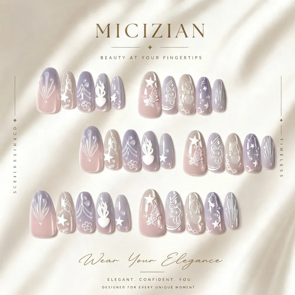 Nailhour 30Pcs Jellyfish Gradient Medium Almond French Press On Nails