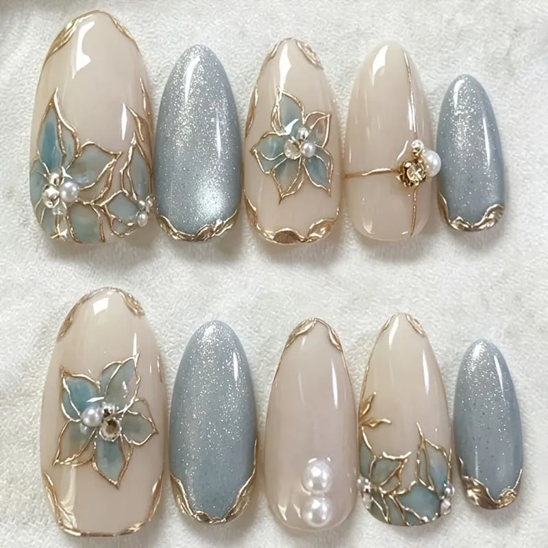 Nailhour 30Pcs Blue French Gilded Medium Almond Press On Nails