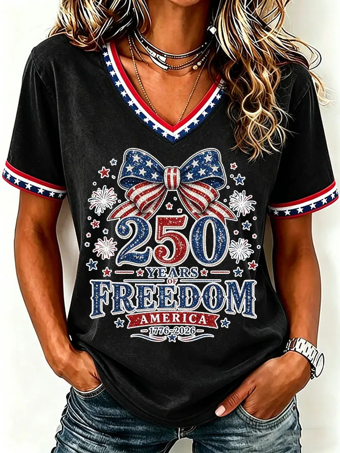 Women'S America Flag Print Casual V-Neck T-Shirt