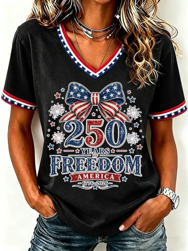 Women'S America Flag Print Casual V-Neck T-Shirt