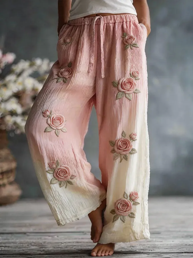 Women'S Floral Printed Casual Cotton And Linen Pants