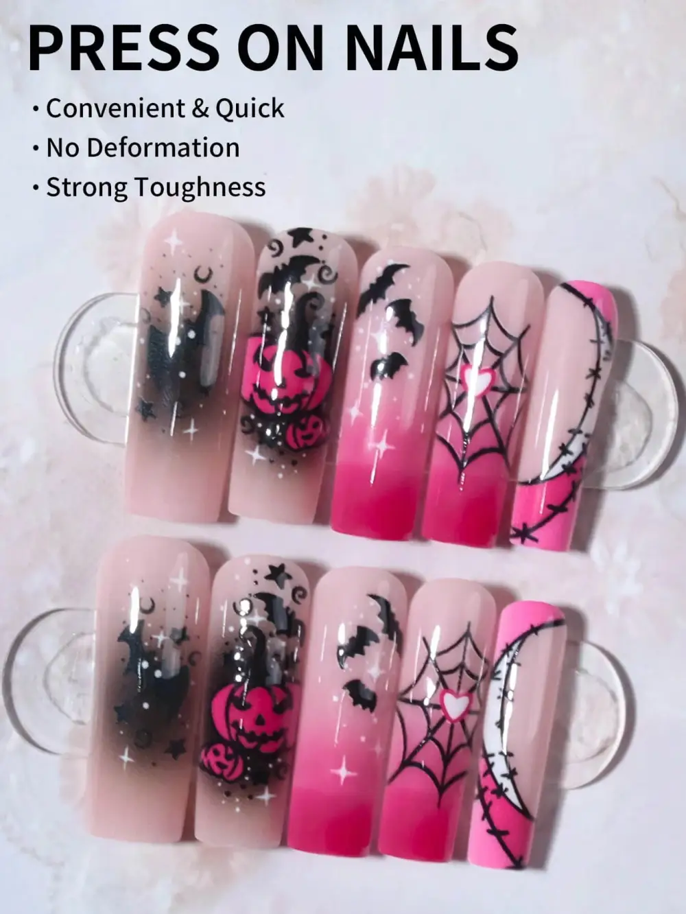 Nailhour 24Pcs Pink Halloween Gradient Extra Long Square Press On Nails