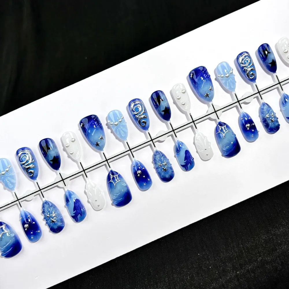 Nailhour 30Pcs Blue Gilded 3D Medium Almond French Press On Nails