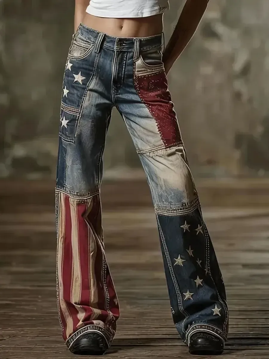 Women'S Retro Flower 250Th Anniversary Commemorative Casual Jeans