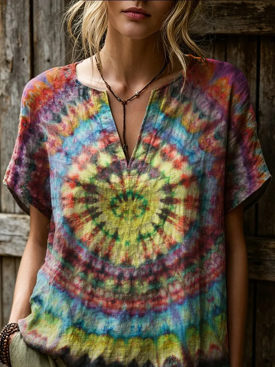 Women's Retro Colorful Tie-dye Art Print Casual Short-sleeve V-neck Cotton Linen Shirt